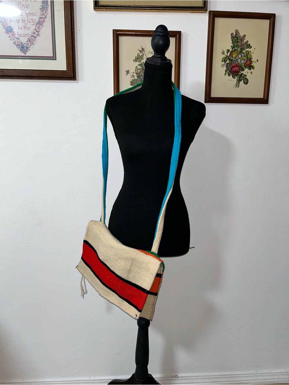 Handwoven Cream Crossbody Bag with Red Stripe and Blue Strap